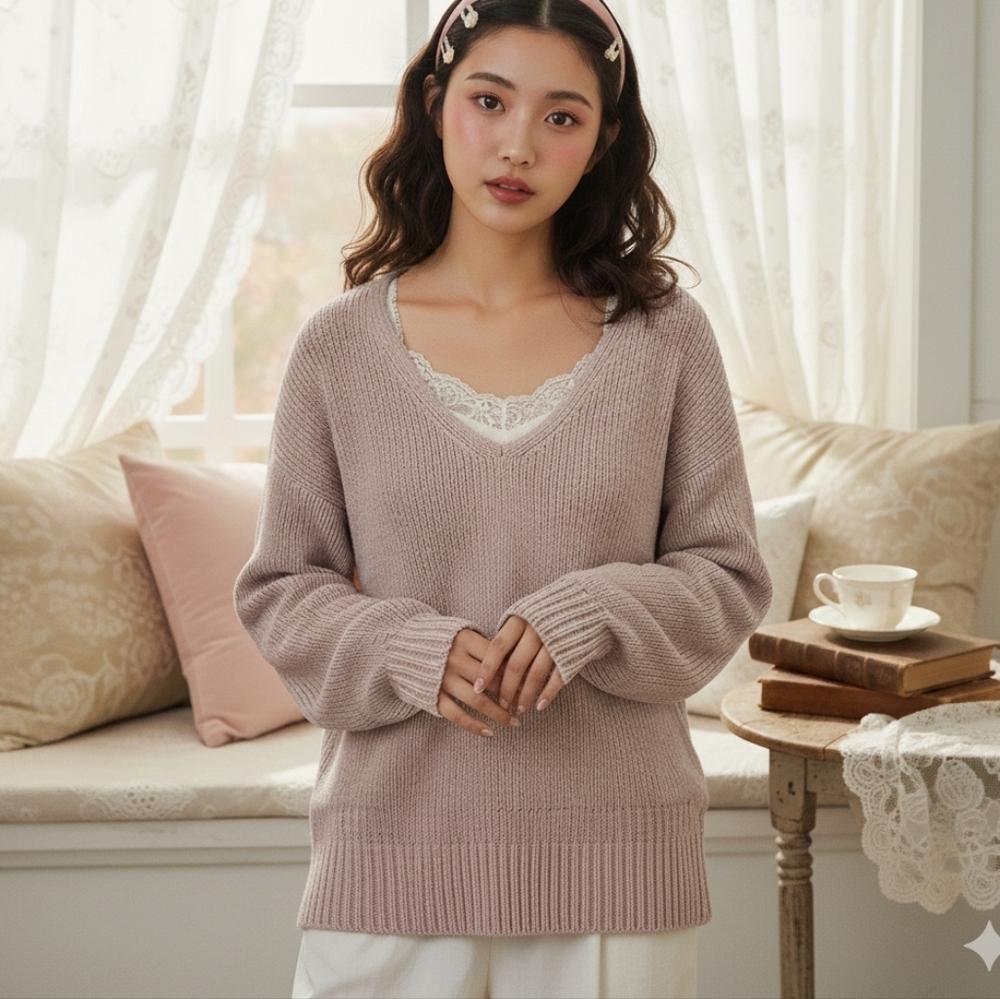 A&F Coquette Cottagecore Chenille V Neck Sweater Pink Soft Knit M Soft Pink M